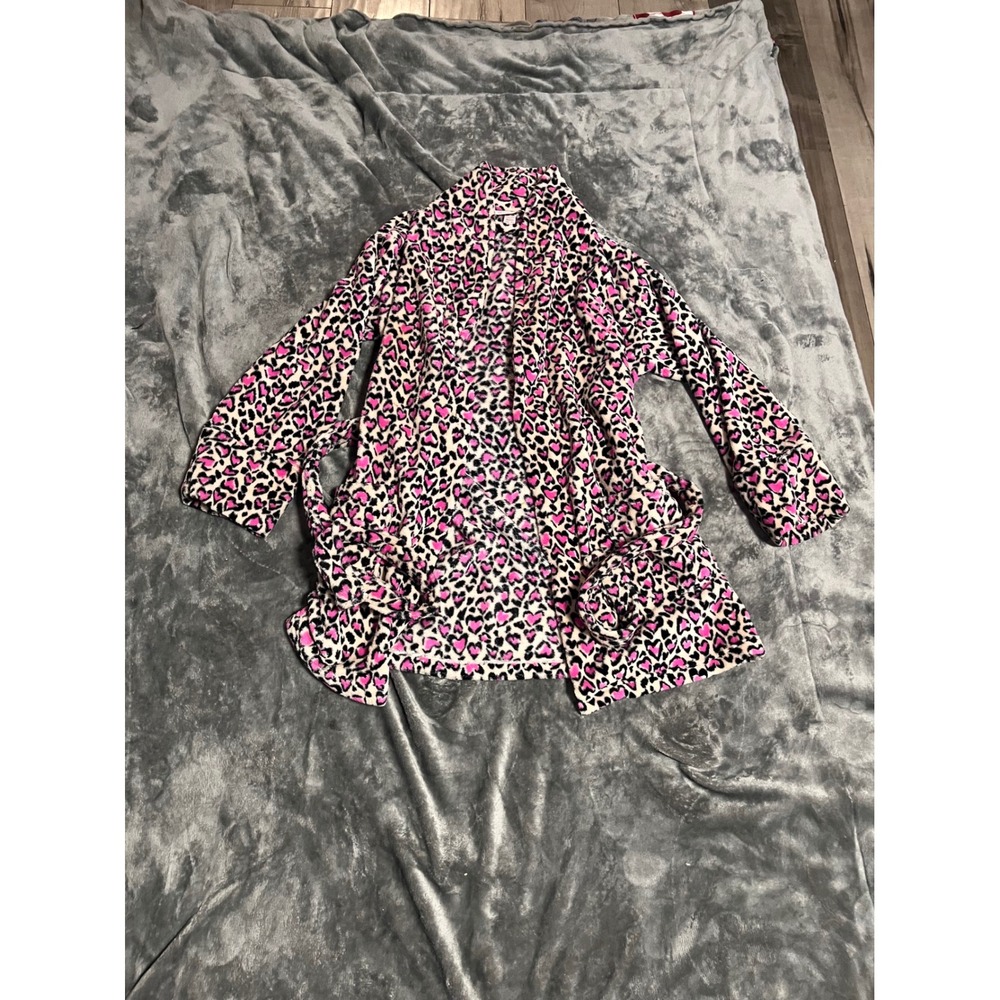 Victoria's Secret Pink Heart Leopard Print Plush Fleece Robe XS/S Short Belted